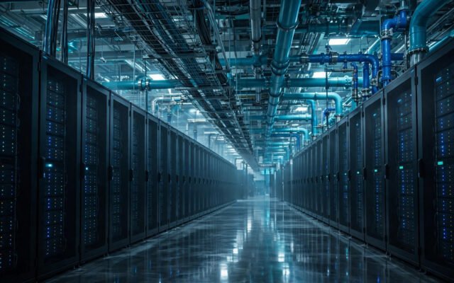 AI data center server hall with dense high-power racks and cooling infrastructure